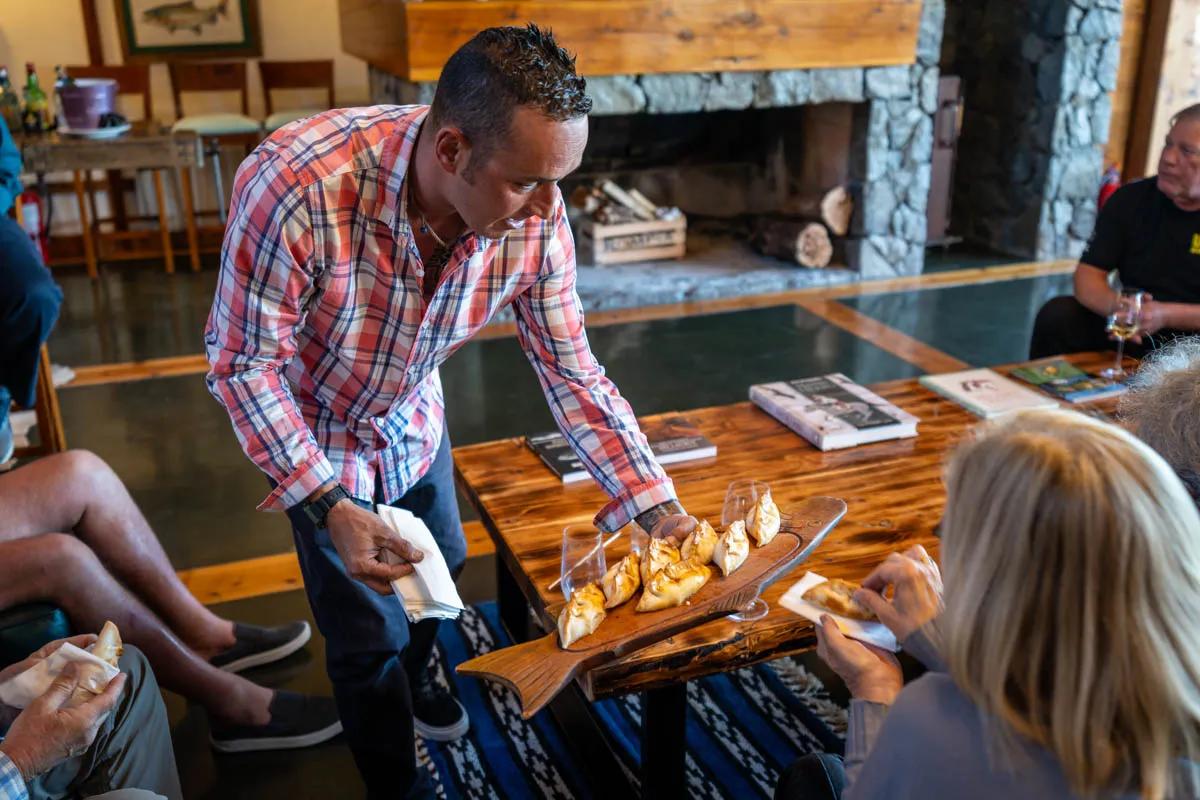 Hor'dourves at Carrileufu River Lodge include the always delicious empanada. Hor'dourves at Carrileufu River Lodge include the always delicious empanada.