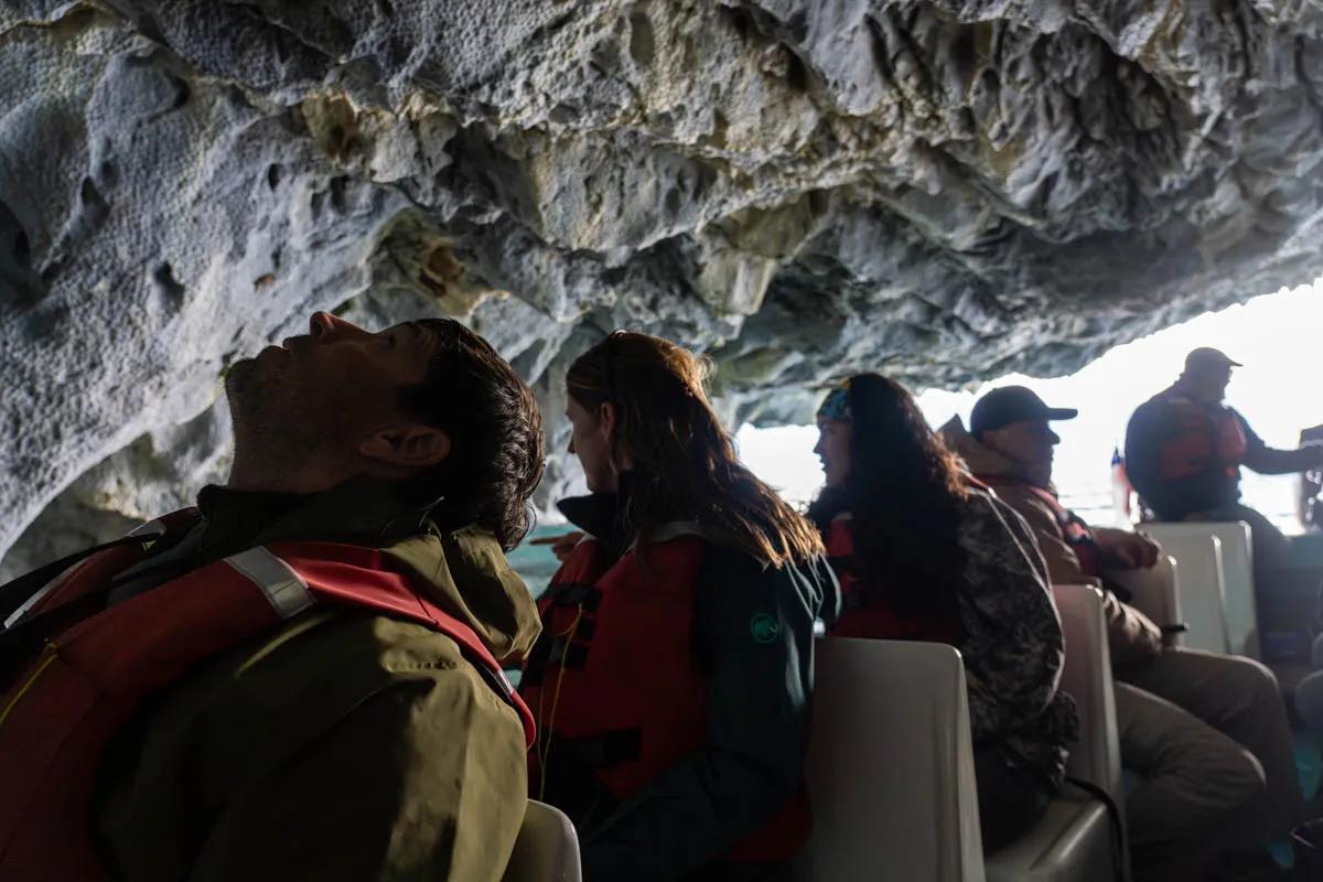 Montana Angler guests Richard and Shannon Riley take in the marble caves on the shores of Lago General Carrera.