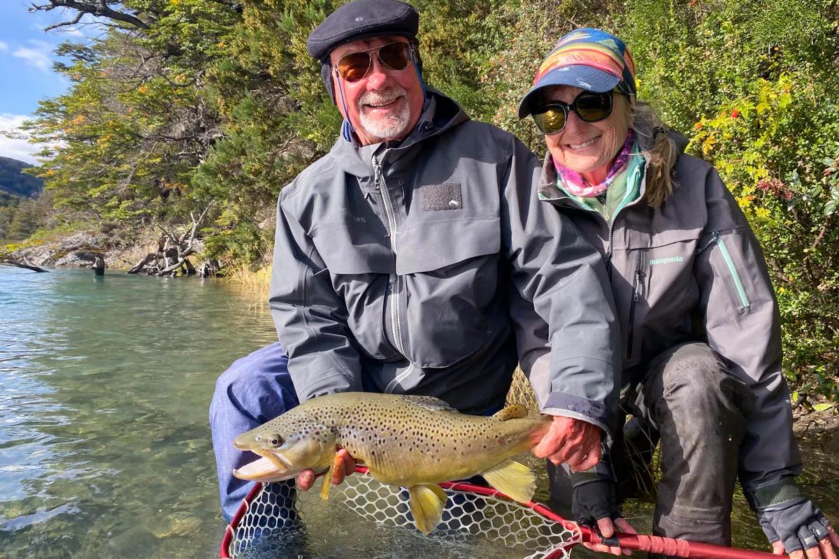 Chuck Sundby and Gloria Beattie caught a 26-inch brown trout with Marcelo Crean on there last day fishing the Río Baker.