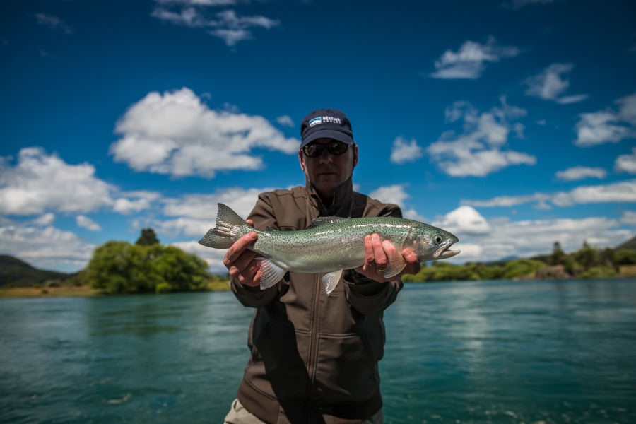 Andy landed the first fish of the trip shortly after a arrival. The Futeleufu is a tailwater fishery, this nice rainbow is the average size for the fishery