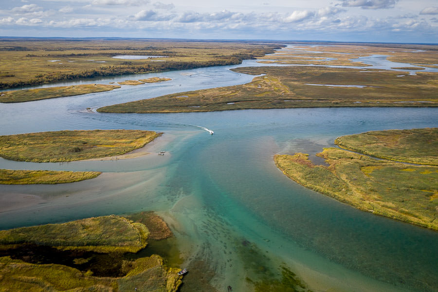 The mighty Kvichak River is the outlet for Iliamna Lake. It is home to the largest salmon run on earth and is one of the best places in Alaska to hook a trophy rainbow. Big bows over 30 inches are not uncommon here. The lodge keeps 2 jet boats parked on its banks which are accessed by a 40 minute flight.