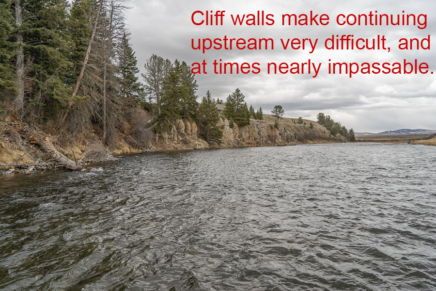 Cliff walls bound the river below the Big Bend state lands. This shot was at very low flows. At average flows these cliffs are a barrier to travel for anglers limited only to foot access