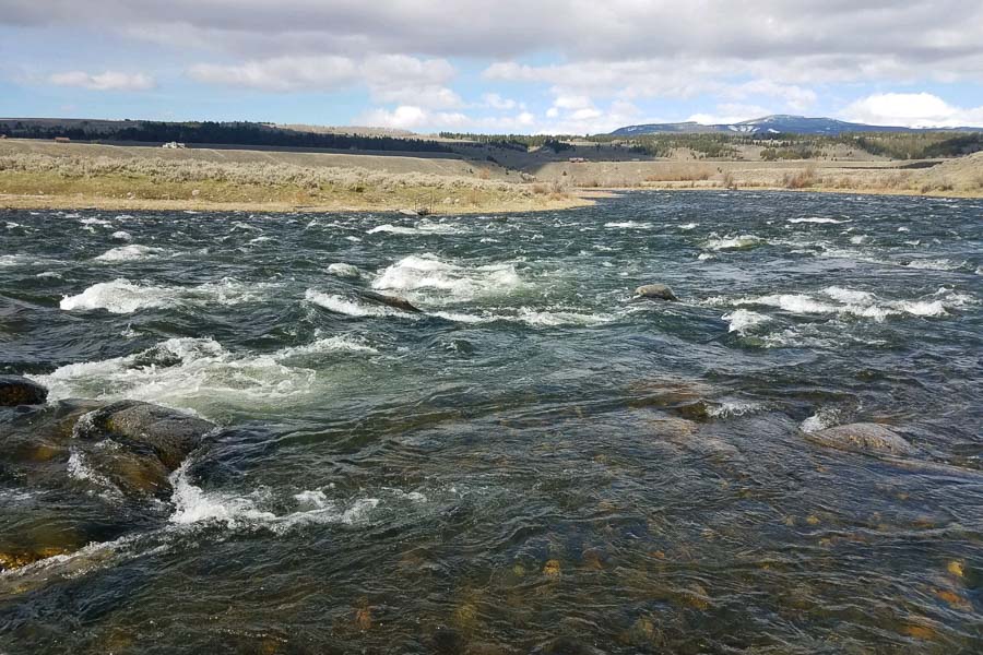 This image was taken at the lowest flows of the season. It shows the large boulders that make up the river bed between Quake Lake and Lyons Bridge. Even at low flows only the "high water" zone above the water surface is limited in size.