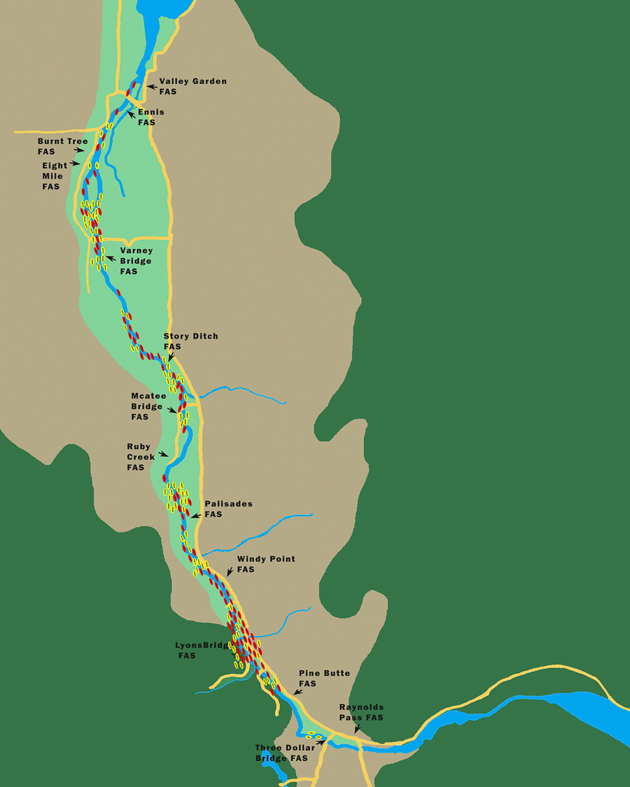 11 am on July 10th when most boats have been launched. Red is guided and yellow is unguided. Launches are dispersed organically up and down the river. There are equal amounts of non guided and guided boats 