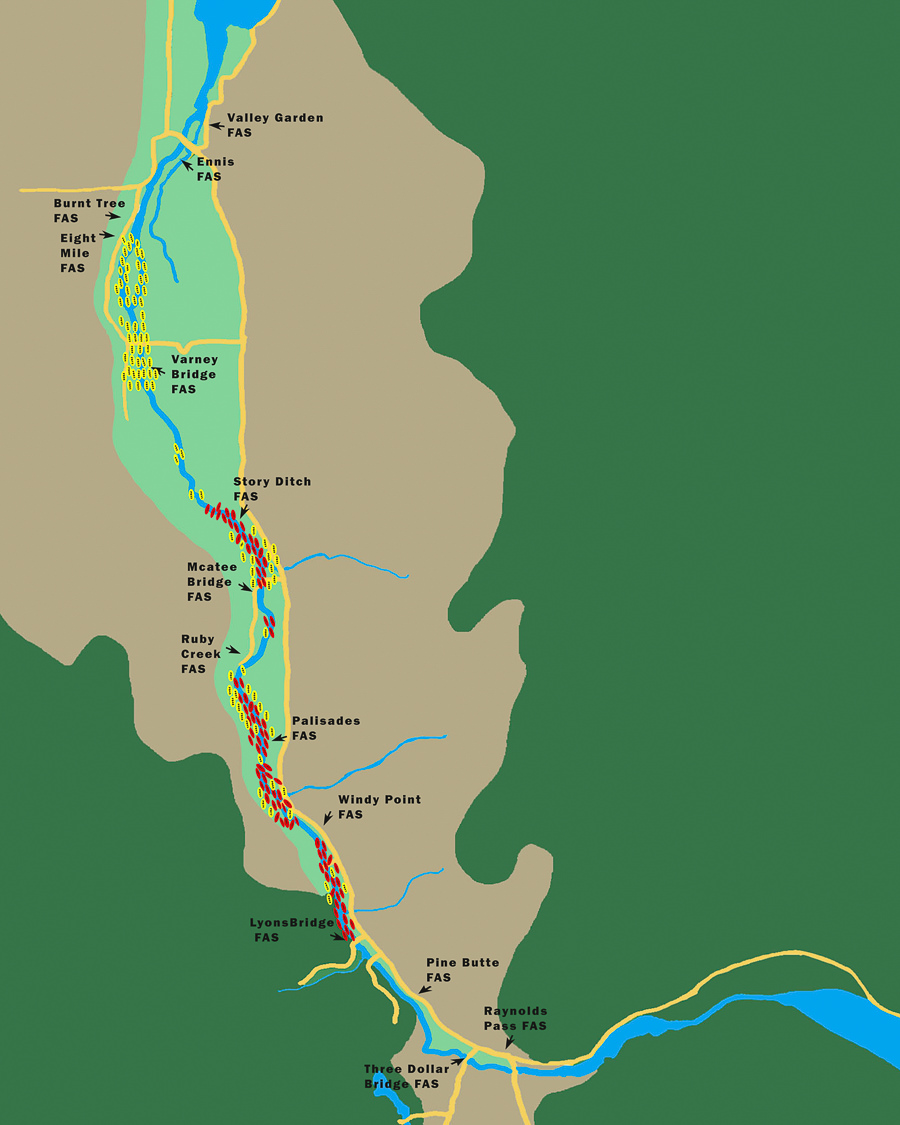 What a Saturday would look like at 11am after most boats have launched. Guided anglers would be banned from Varney to Ennis. This also backs up launches as few boats would use Story Ditch resulting in a huge gap below McAtee since most commercial trips would need to launch even higher to have the correct float length. Boats are heavily clustered