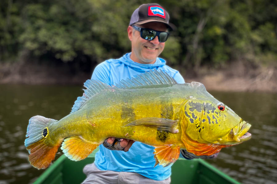 This 18lb peacock was my personal best of the trip. It was caught on our last fishing day when our boat landed 17 fish over 10 lbs and 5 fish over 15lbs. Nearly every day at the lodge at least one angler managed to land a fish over 15lbs. These are incredibly hard fighting fish and will bend a 9 weight into a pretzel without much effort