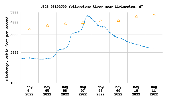 The Yellowstone River is a freestone fishery without any dam protections. When days get too warm snow begins to melt from the snowpack creating rising flows and decreased water clarity. Watch for stable flows for the best chances of dry fly fishing. When cold snaps hit the flows will drop fast with and the river will clear. On the next warm day expect a great hatch!